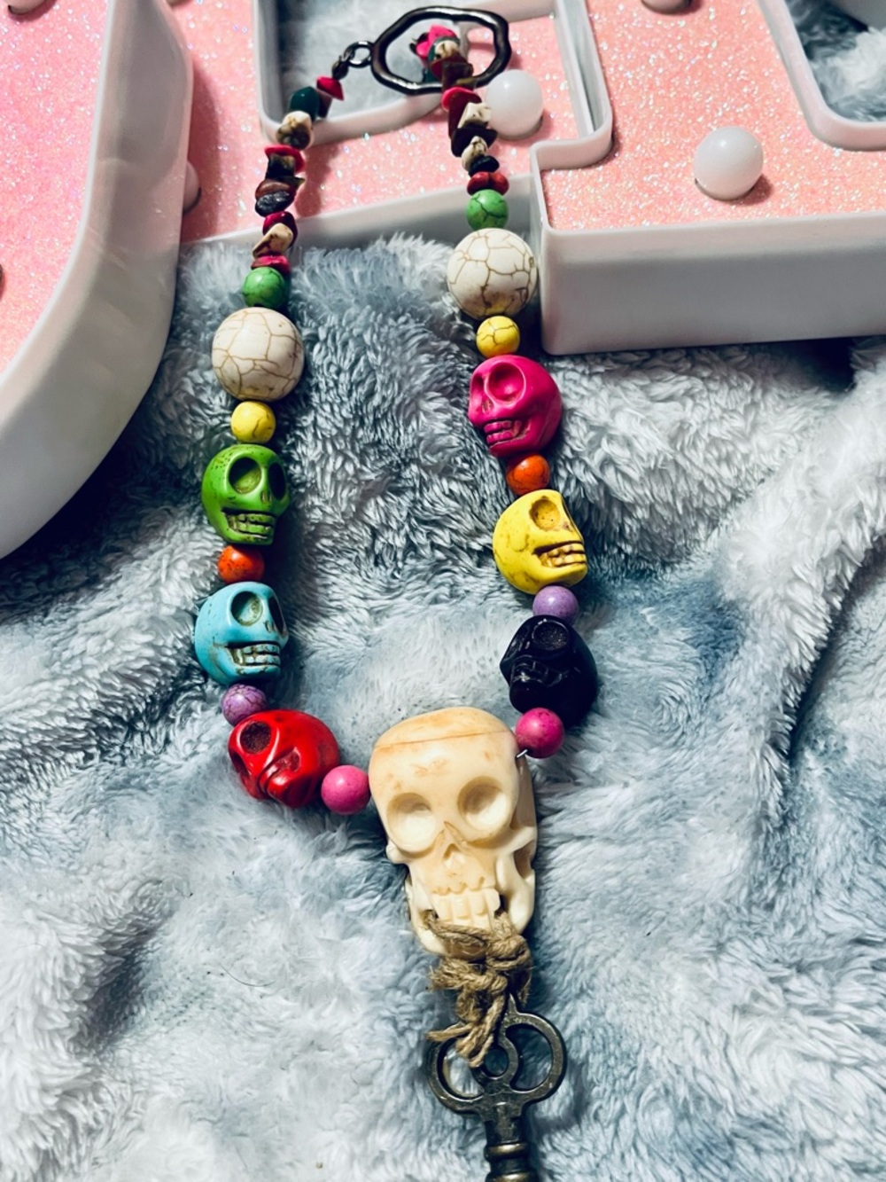 Multicolor Skull Bead Necklace with Key Pendant